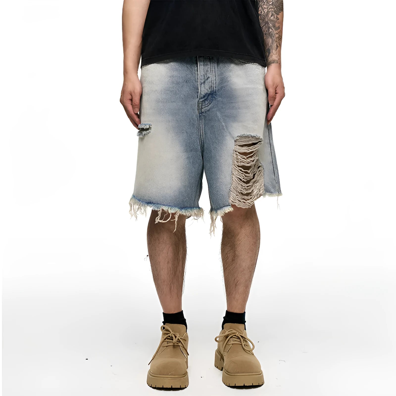 Men's light blue baggy denim shorts with wide leg retro washed design