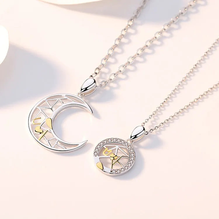 Copper sun and moon couple necklace with cross chain for him and her.