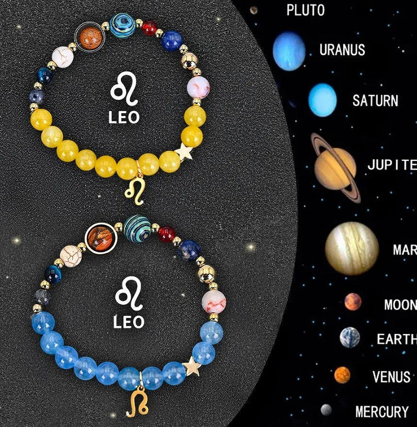 Set of two natural stone beaded bracelets representing zodiac signs from a twelve-style collection.