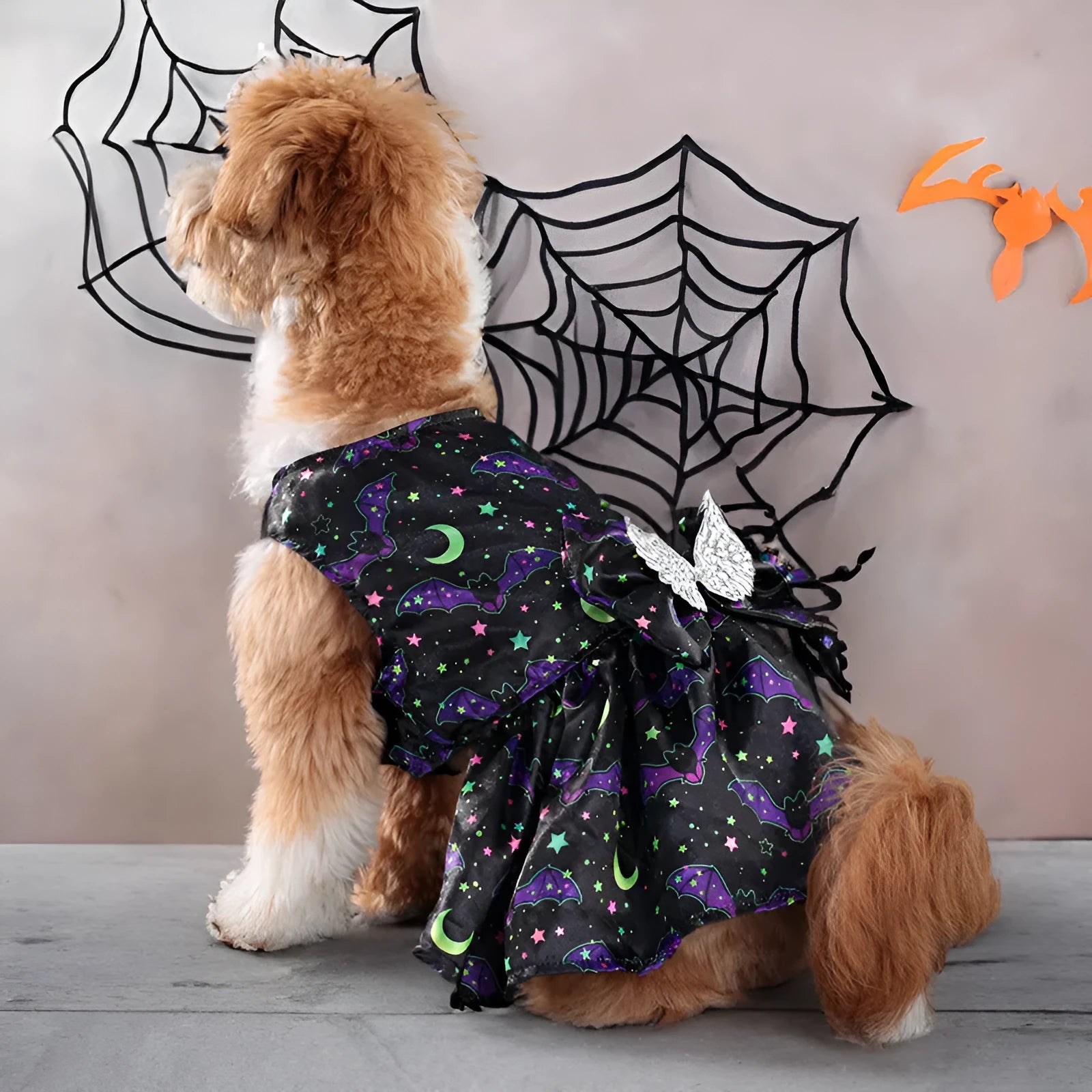 Angel wings Halloween dog costume in bright pumpkin or bat patterns available in four sizes
