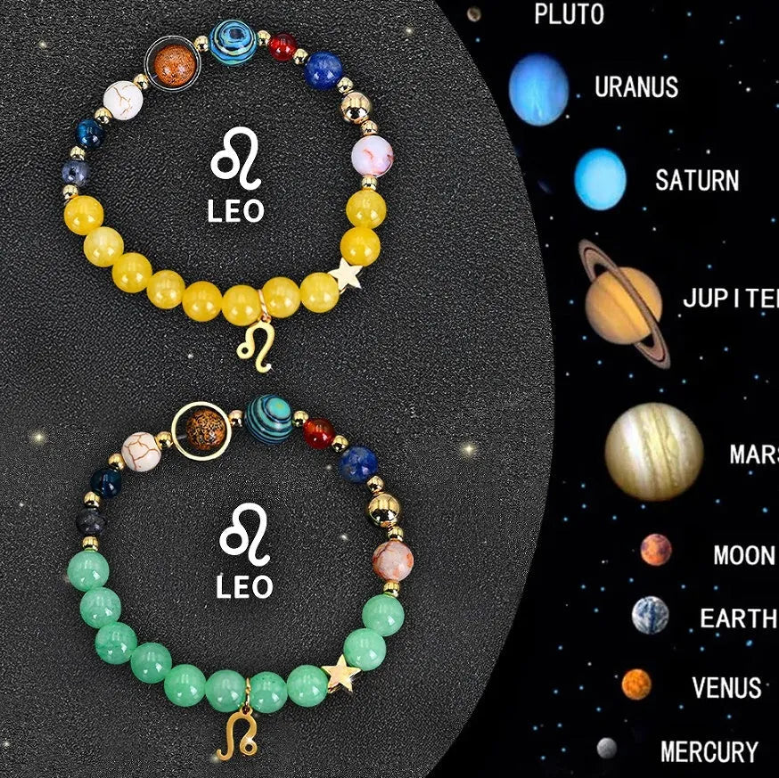 Two natural stone beaded bracelets for zodiac signs on a neutral background.
