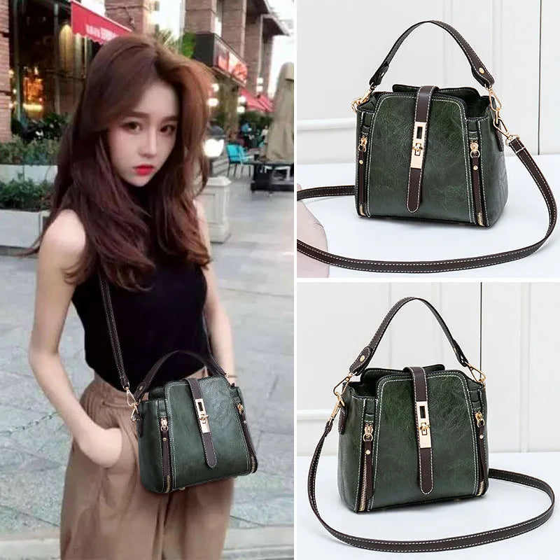 Faux leather women shoulder bag in green with detachable adjustable strap and turn-lock closure