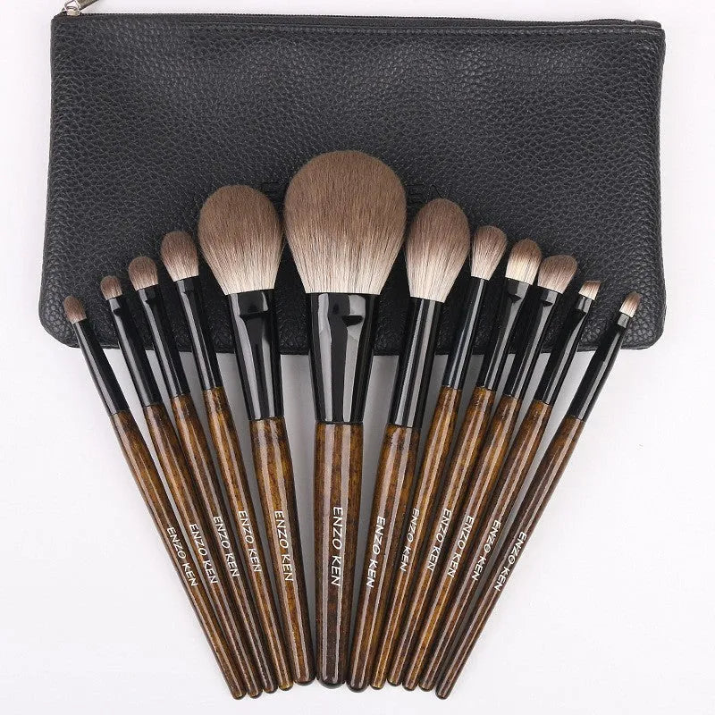 12-piece makeup brush set with wooden handles in PU travel case