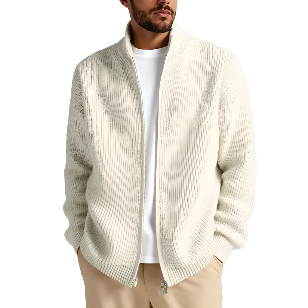 Man wearing a loose-fit grey cardigan sweater coat for casual leisure wear.