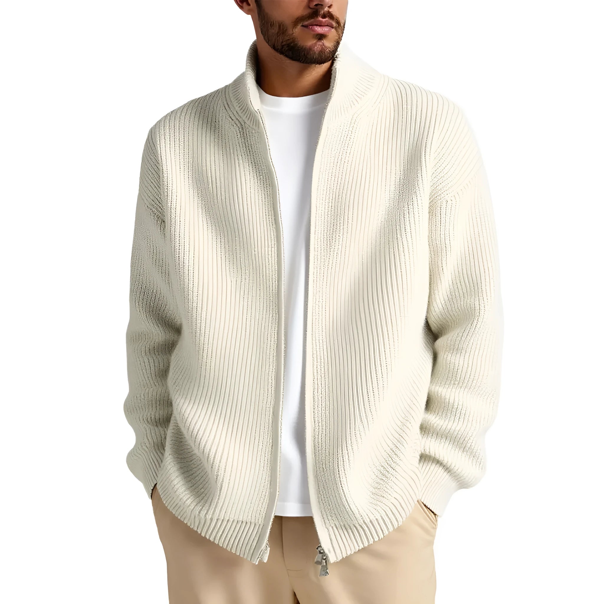 Man wearing a loose-fit grey cardigan sweater coat for casual leisure wear.