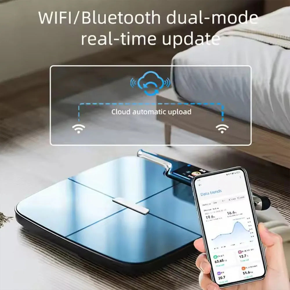Black eight-electrode intelligent body fat and weighing scale for home use.