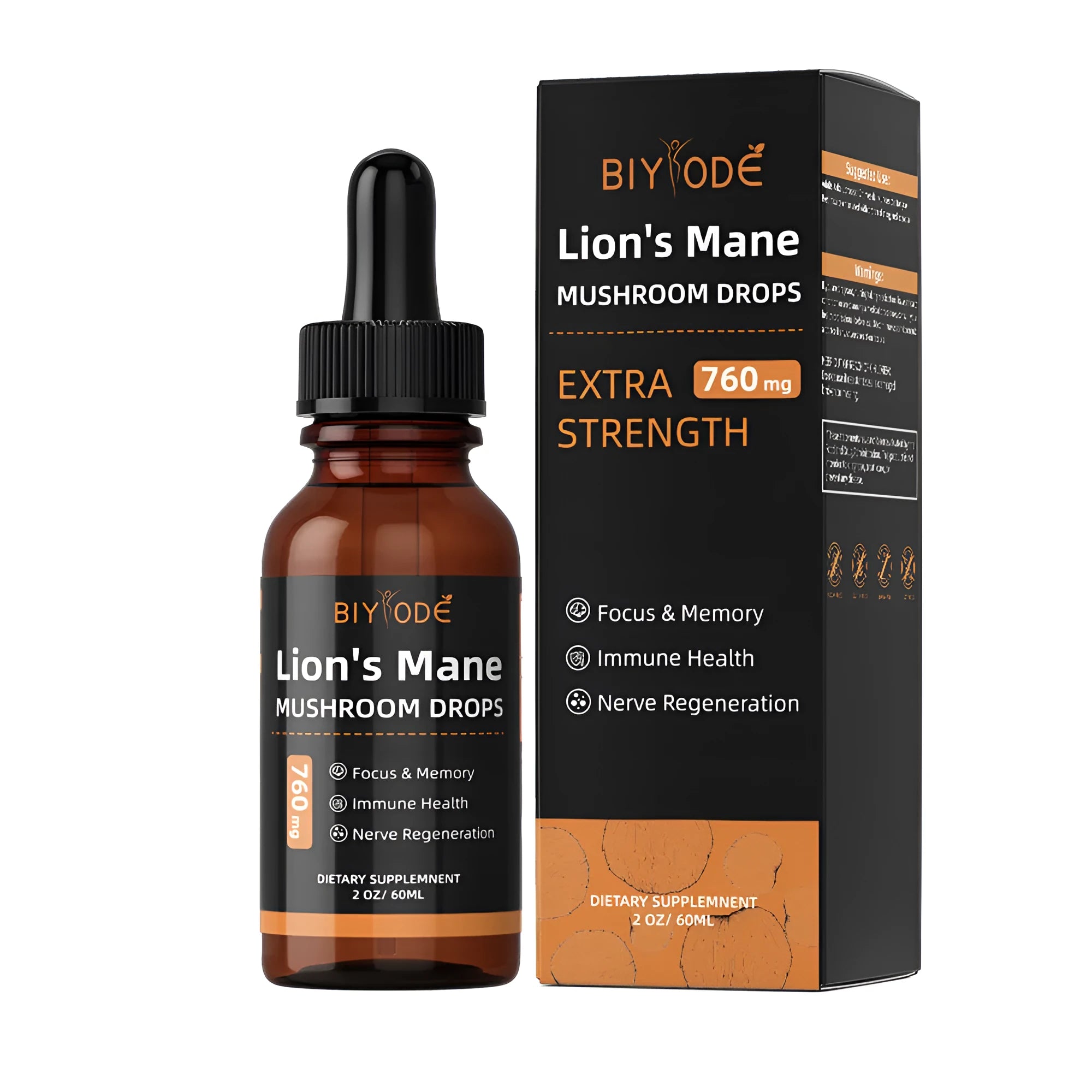 Private label organic Lions Mane mushroom extract liquid drops in a glass bottle with dropper