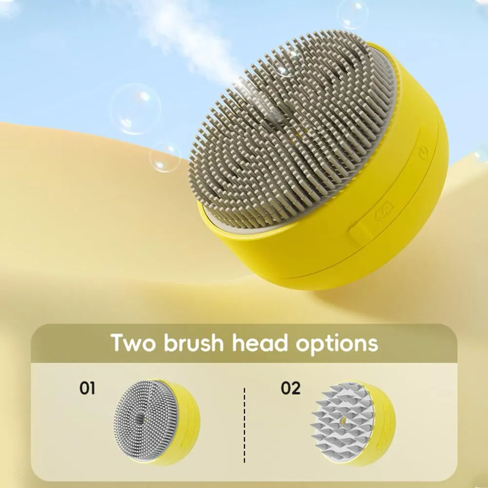 Green and yellow rechargeable steam brush for grooming cats and dogs on a table.