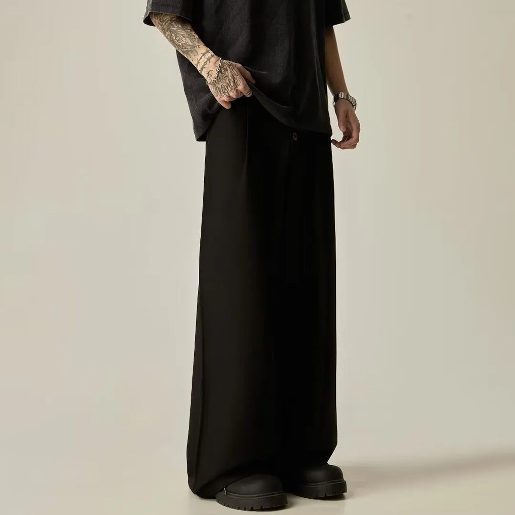 Men's solid colour vertical tube wide-leg casual trousers with elastic mid-waist
