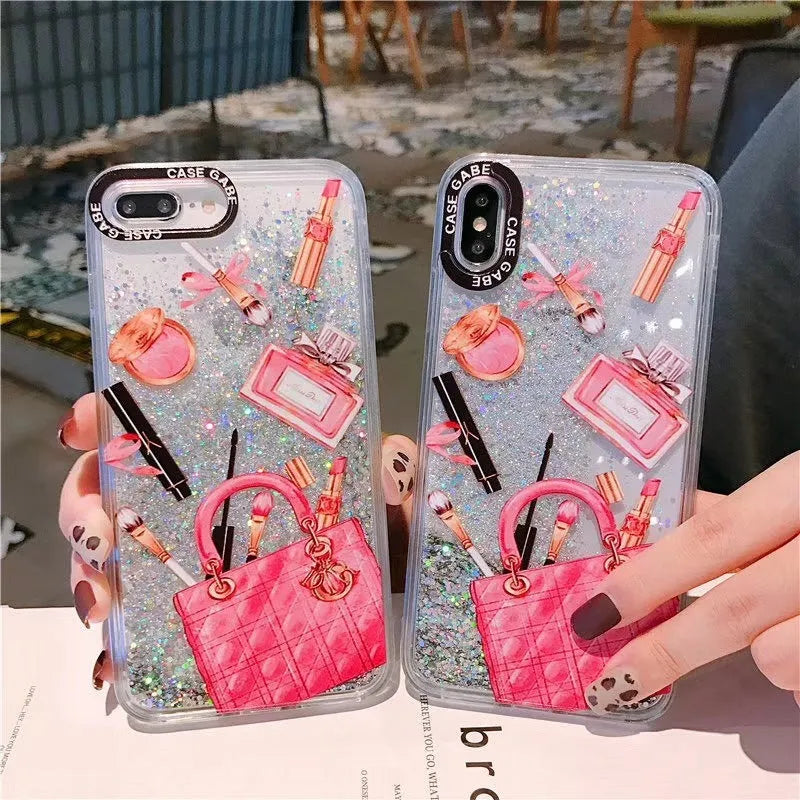Pink cosmetic liquid quicksand phone case for iPhone XR with dynamic glitter effect