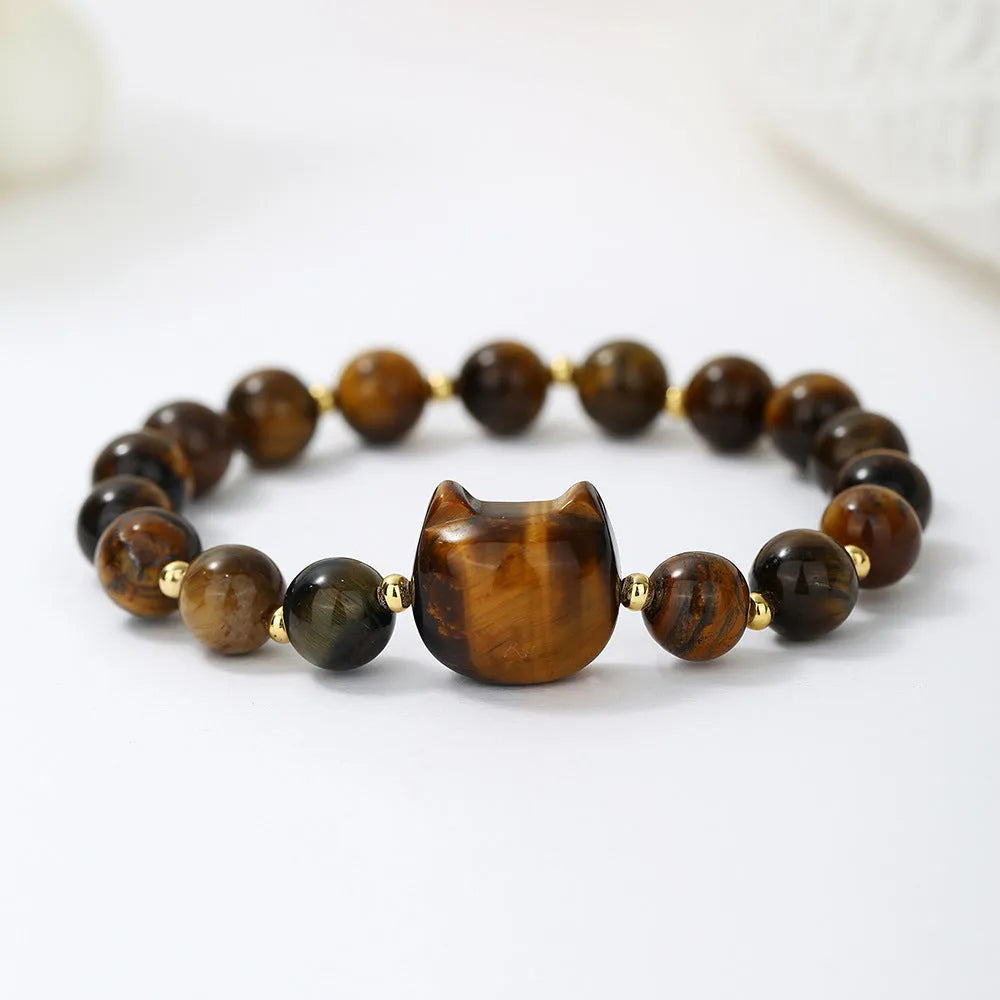 Natural stone cat head charm bracelet in Gray Moonlight colour – hand-strung stone beads on cord