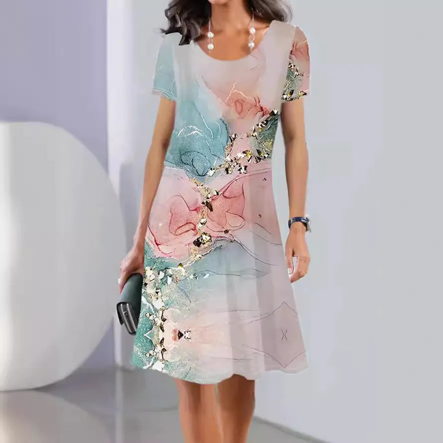 Women's Ice Silk polyester A-line midi dress with botanical print, short sleeves and round neck