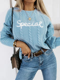 Blue leisure pullover with embroidered letters crew neck street fashion knitwear
