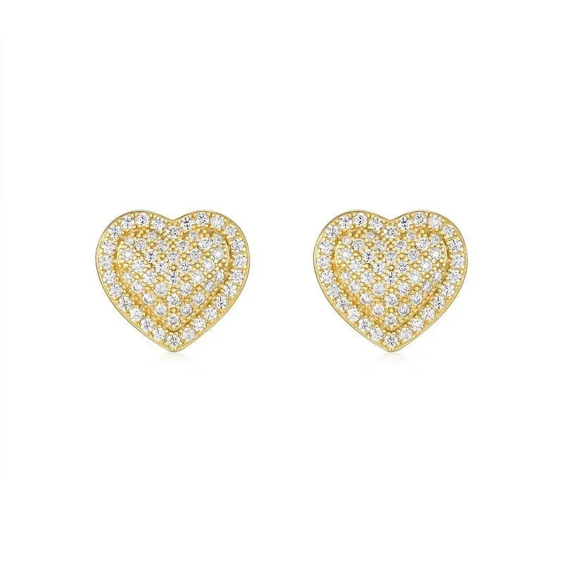 Gold colour S925 silver heart-shaped stud earrings with moissanite stones.