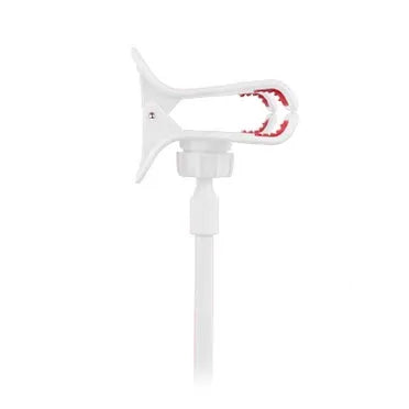 Black flexible arm phone holder with V-clip for smartphones on bed frame