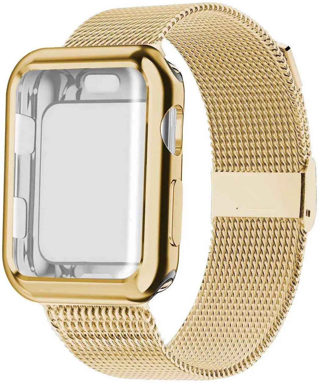 Magnetic metal Milanese loop band for Apple Watch with protective case, shown in silver colour.