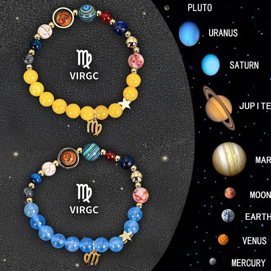 Set of two natural stone beaded bracelets representing zodiac signs from a twelve-style collection.