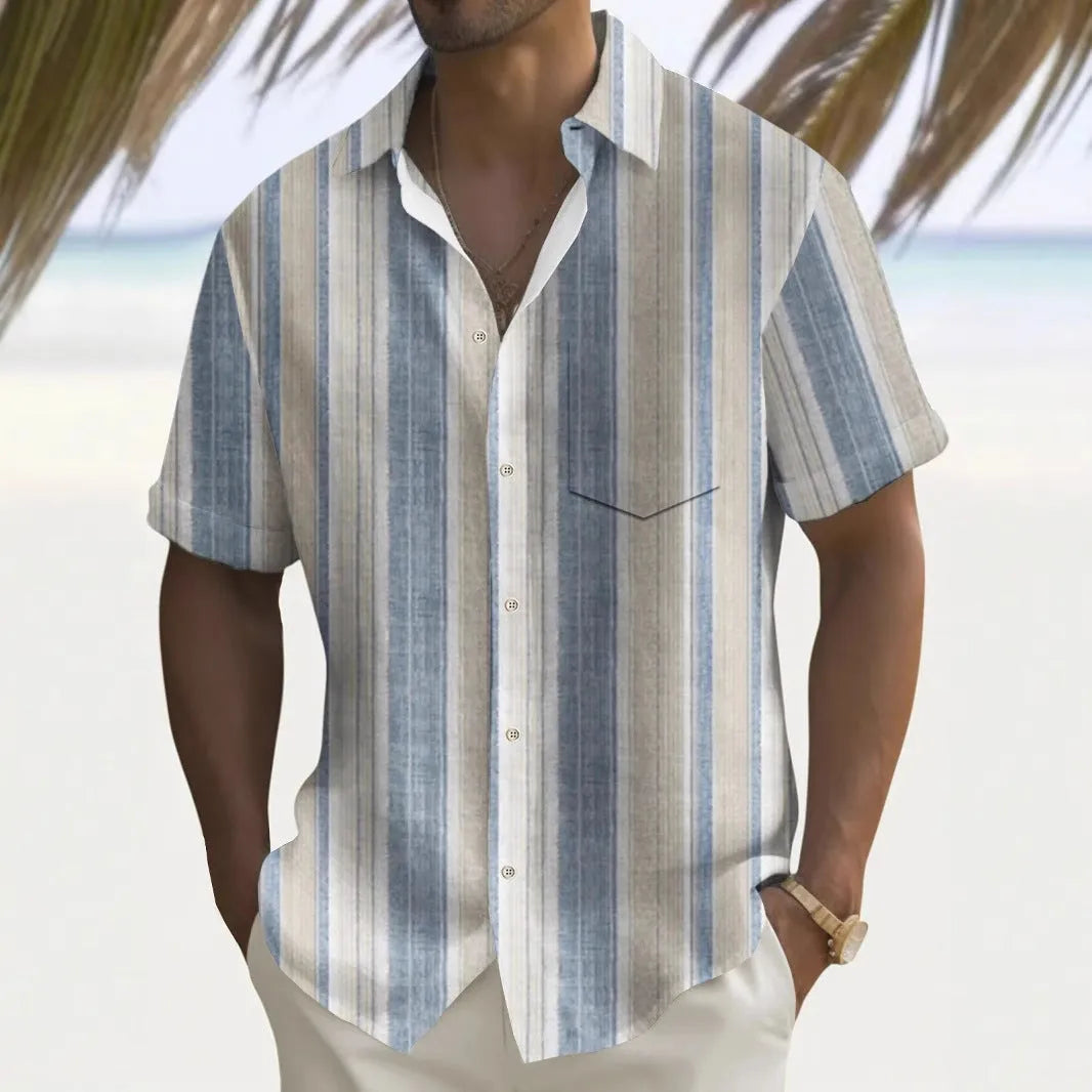 Men's loose fit casual printed shirt in a multicolour pattern, cardigan style.