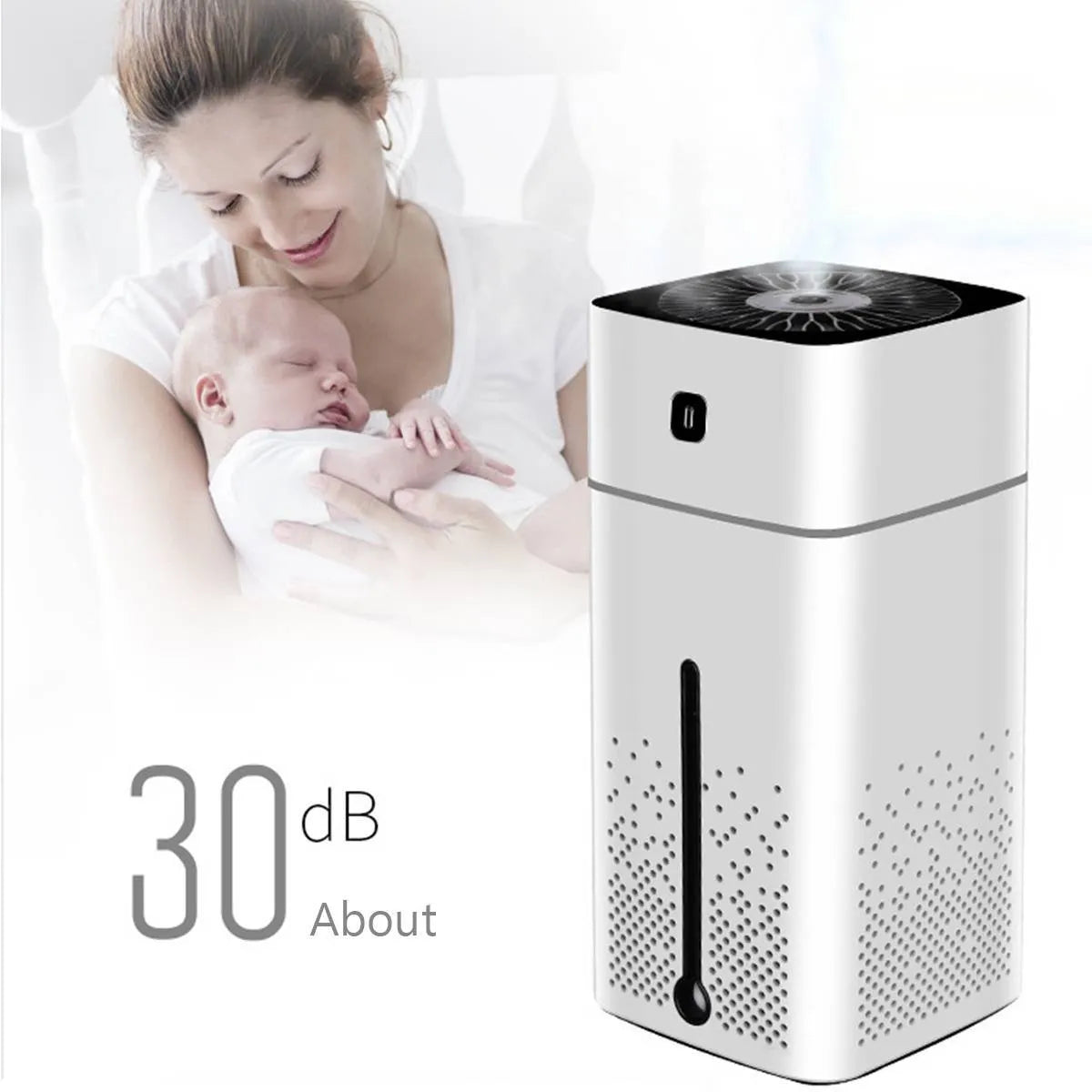Black and white desktop humidifier with USB port and 1000ml water capacity for home office use