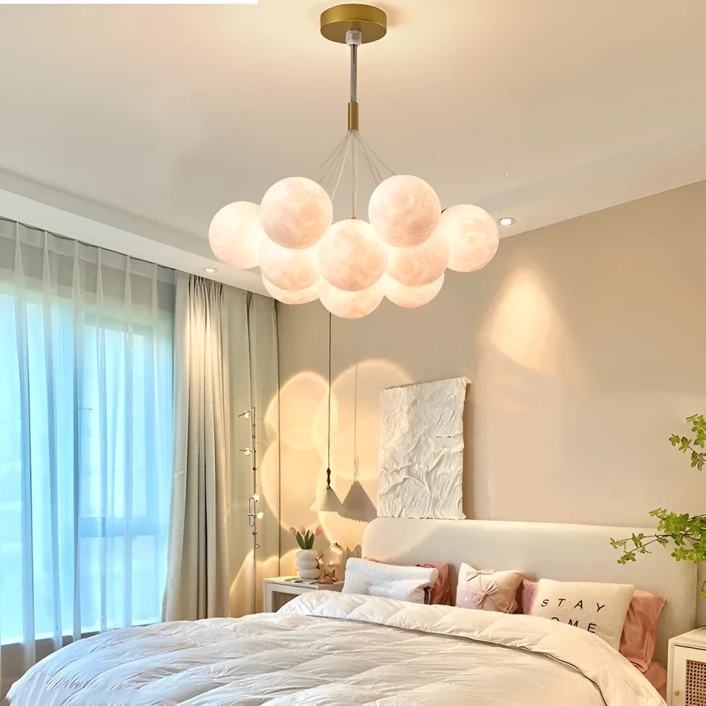 Nordic style bubble moon bedroom chandelier with gold iron body and spherical PMMA lampshades