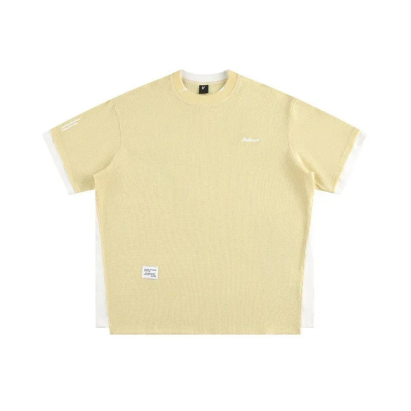 Retro alphabet embroidered loose waffle short-sleeved t-shirt in navy blue, white grey, and yellow colours