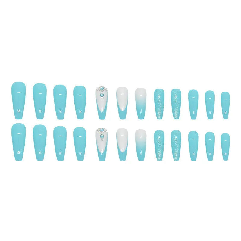 Long ballet nail art patches in smart blue diamond colour with scattered diamond debris detailing