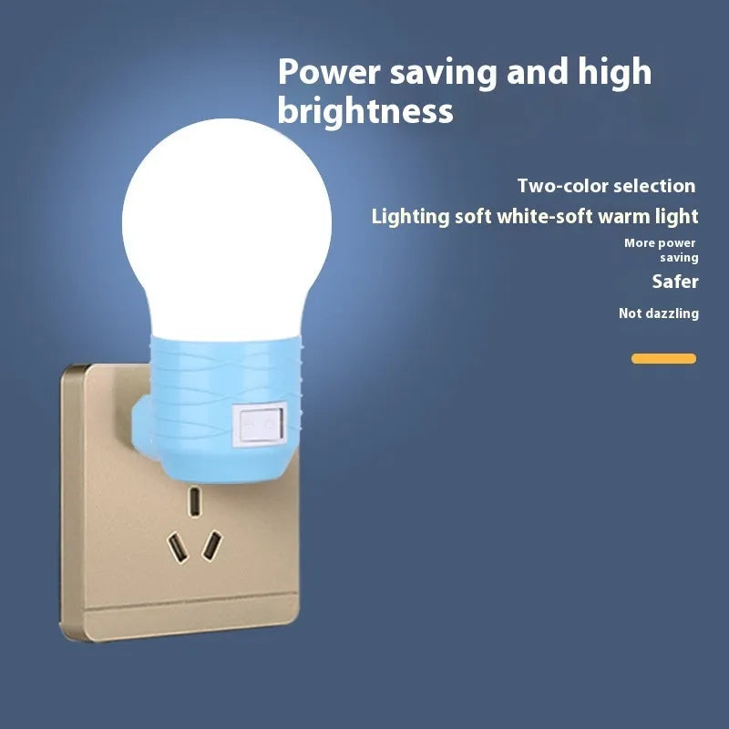 Compact round plug-in bedside baby lamp in white, blue or pink with white or warm light options