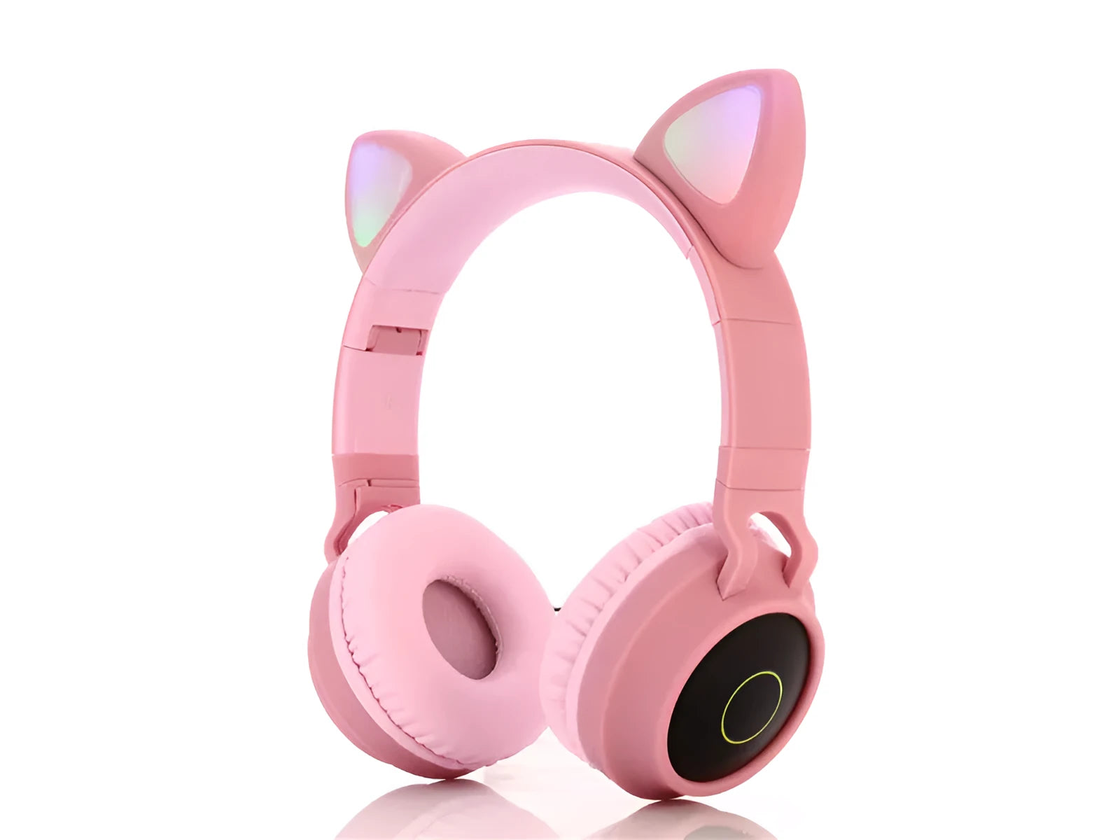 Pink cartoon cat ear wireless Bluetooth headset with headband, shown on a white background.
