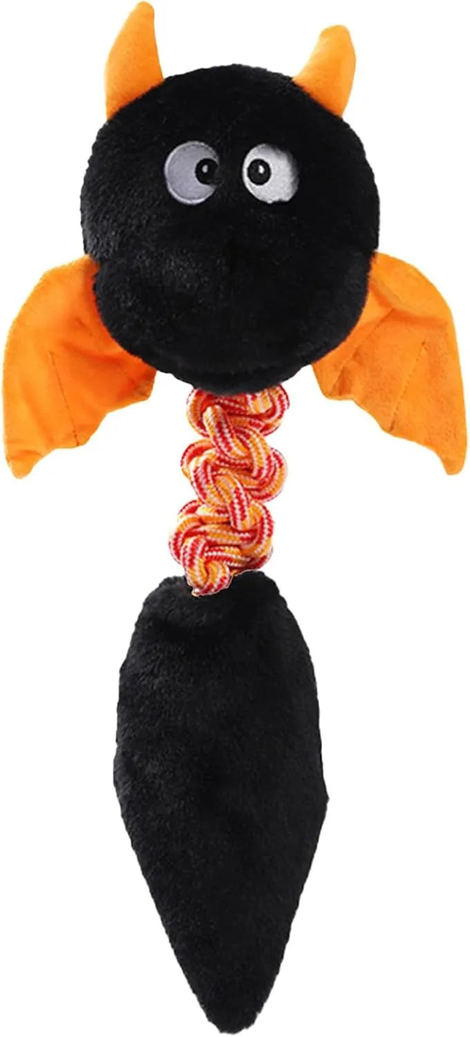 Large black, green, or red plush dog toy with a cartoon shape, featuring a built-in rope knot.