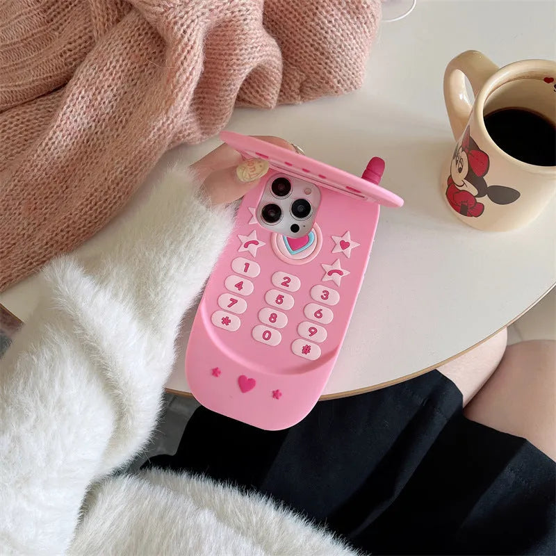 Pink silicone flip phone shaped case with mirror for iPhone models