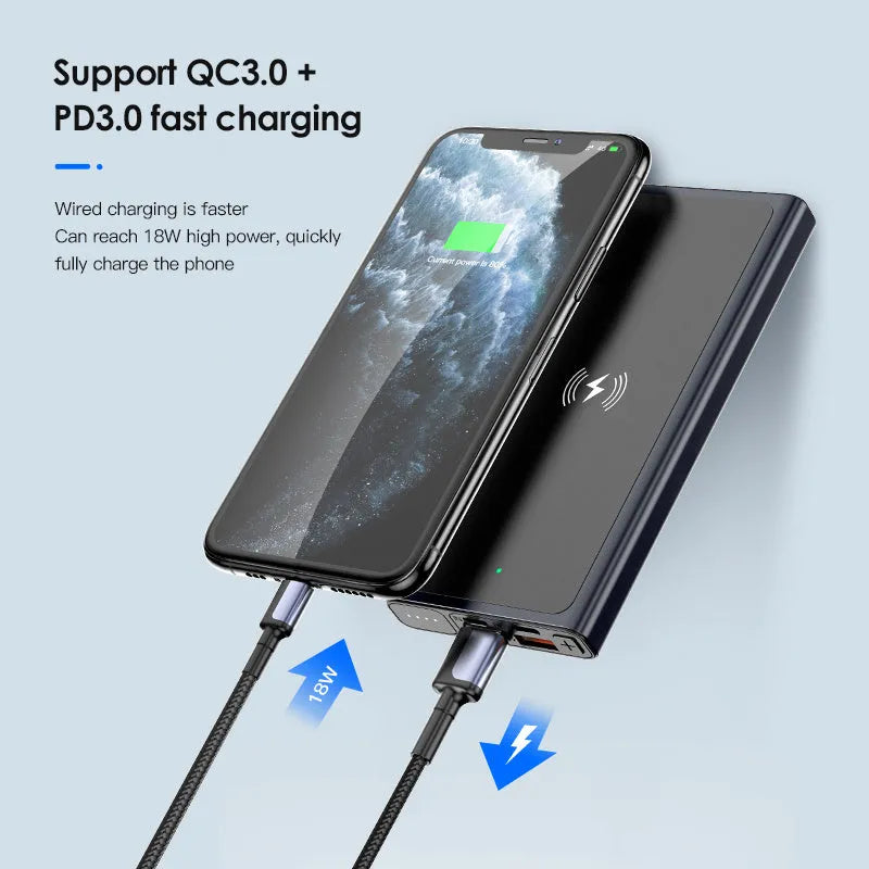 10000mAh wireless power bank with alloy shell black blue fast charging built-in plug