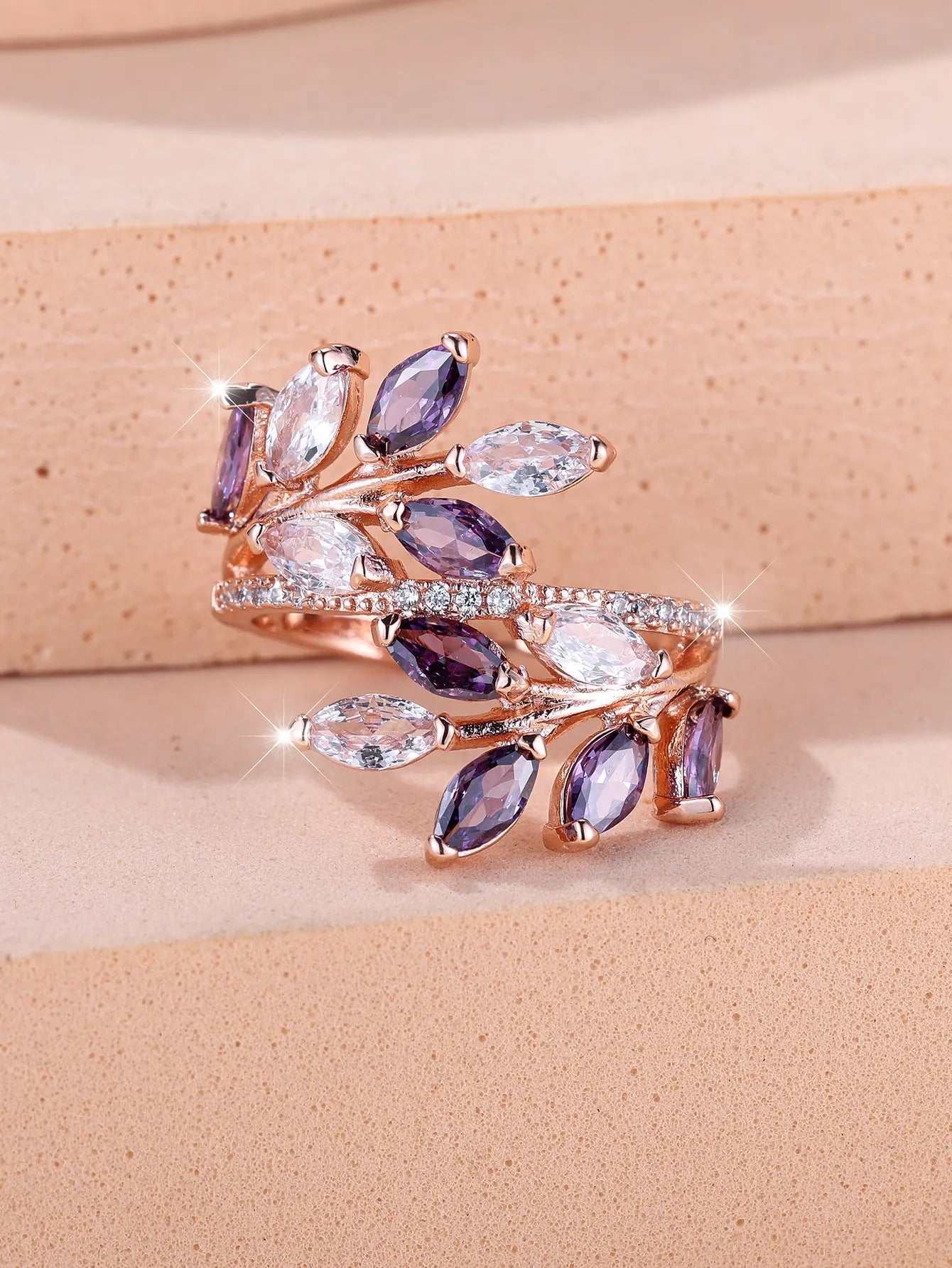 Adjustable copper leaf ring with zircon finishes in multiple colour options