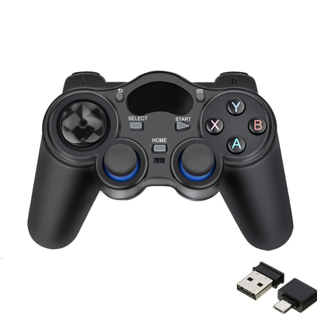 Black wireless 2.4GHz gamepad controller with dual analog joysticks and cross keys for Android PC TV tablet