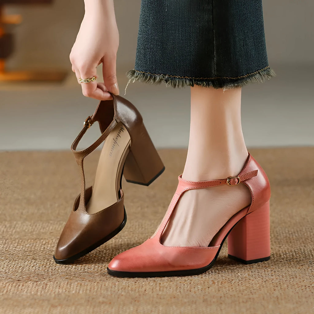 Baotou hollow women's Mary Jane shoes with pointed toe, buckle fastening, available in dark brown and pink colours