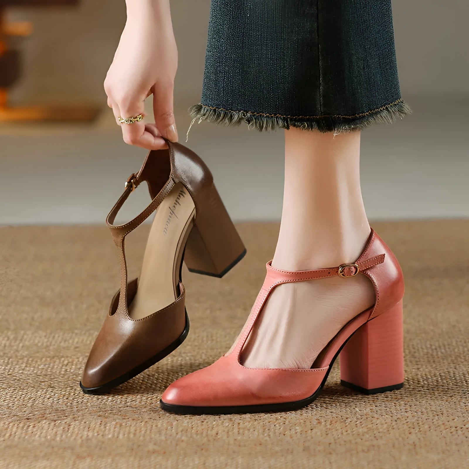 Baotou hollow women's Mary Jane shoes with pointed toe, buckle fastening, available in dark brown and pink colours