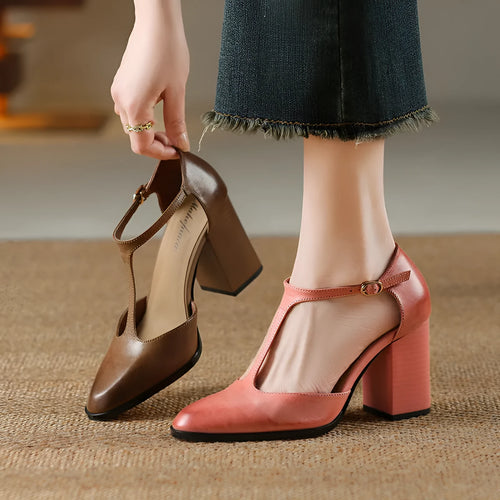 Baotou hollow women's Mary Jane shoes with pointed toe, buckle fastening, available in dark brown and pink colours