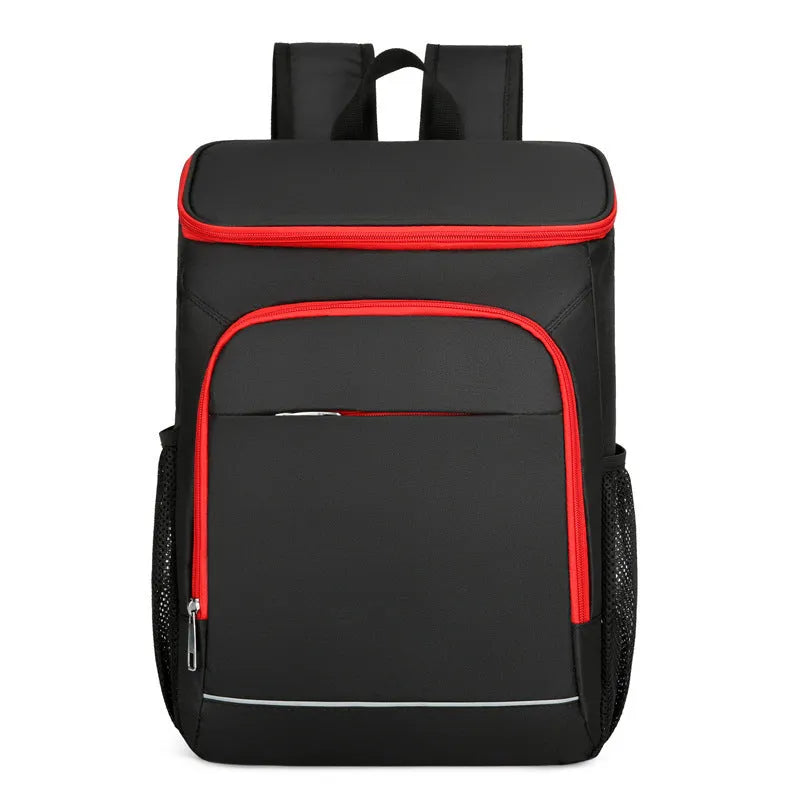 Large outdoor thermal picnic backpack in grey-orange colour with curved shoulder straps and compartments.
