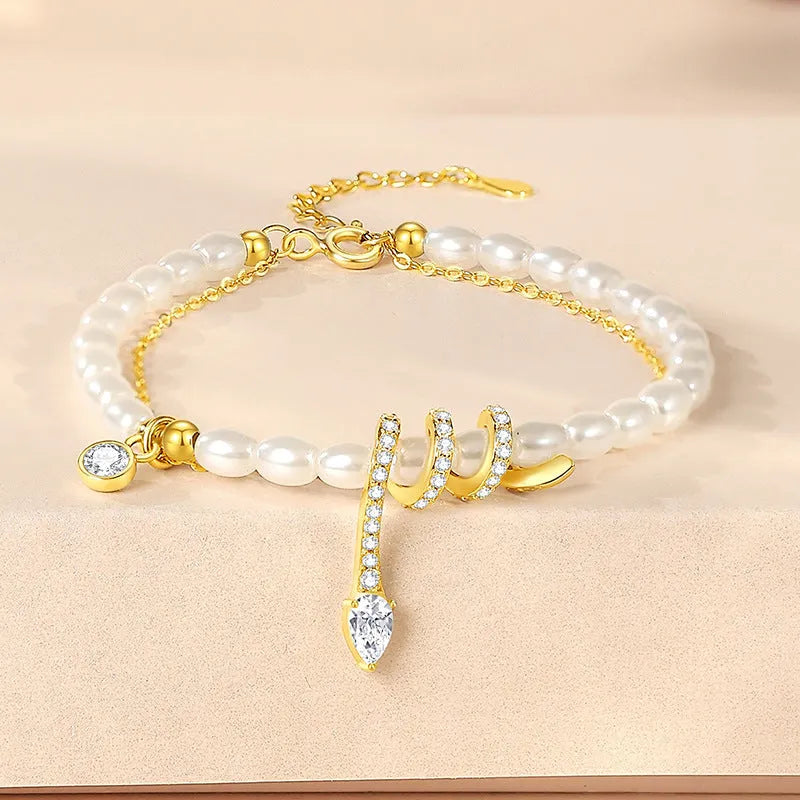 Pearl snake 925 silver bracelet with geometric beading and electroplated gold finishes