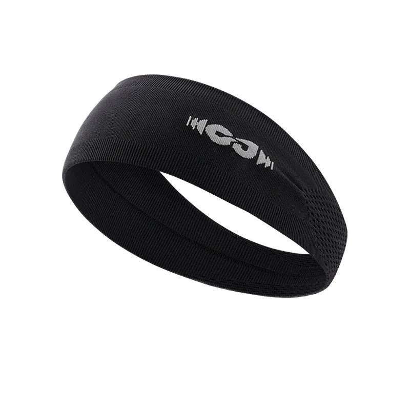Classic black seamless knitted sports headband for men and women, laid flat.