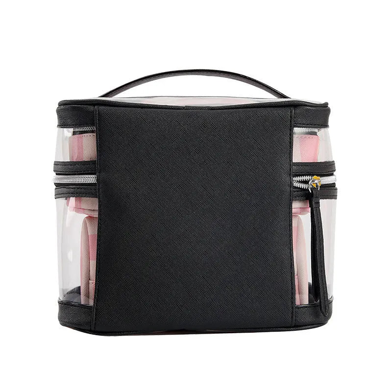 Pink bold stripes makeup bag with floral pattern, synthetic leather waterproof cosmetic organiser with folding design