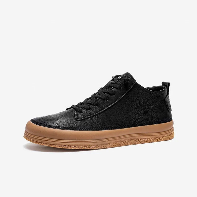Men's black leather casual shoes with round toe, flat heel, and white lace-up closure.