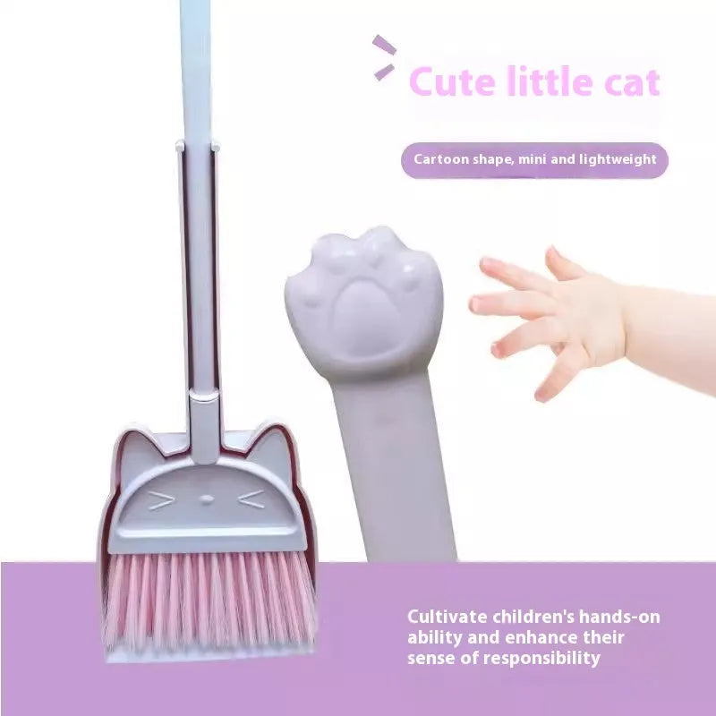 Purple broom and dustpan set with rotating head and brush holder