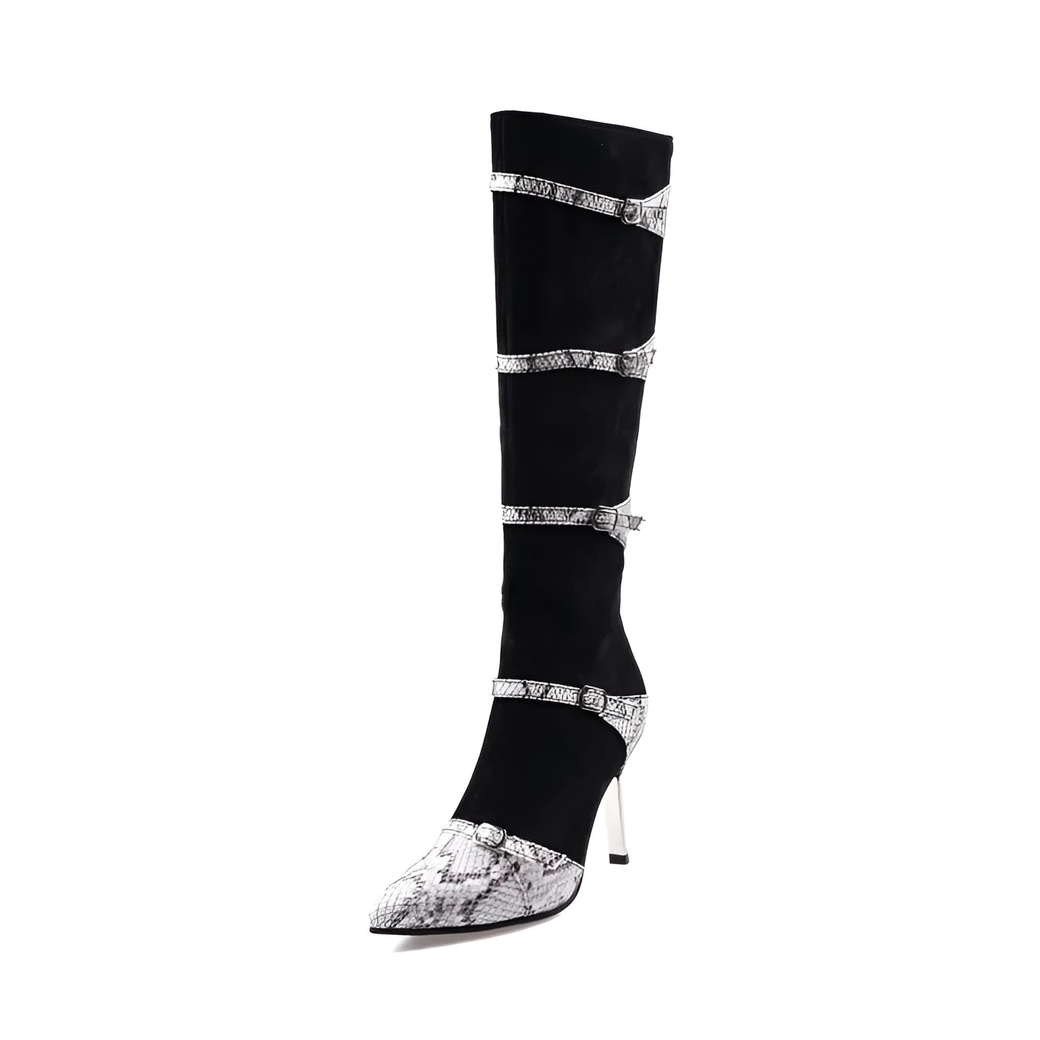 Black knee-high boots for women with 9cm thin heels and pointed toe