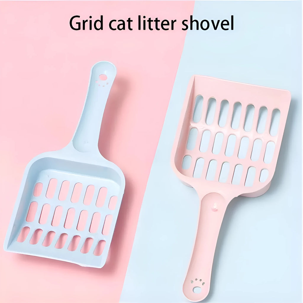 Blue plastic cat litter scoop with a long handle and perforated sifting head on a white background.
