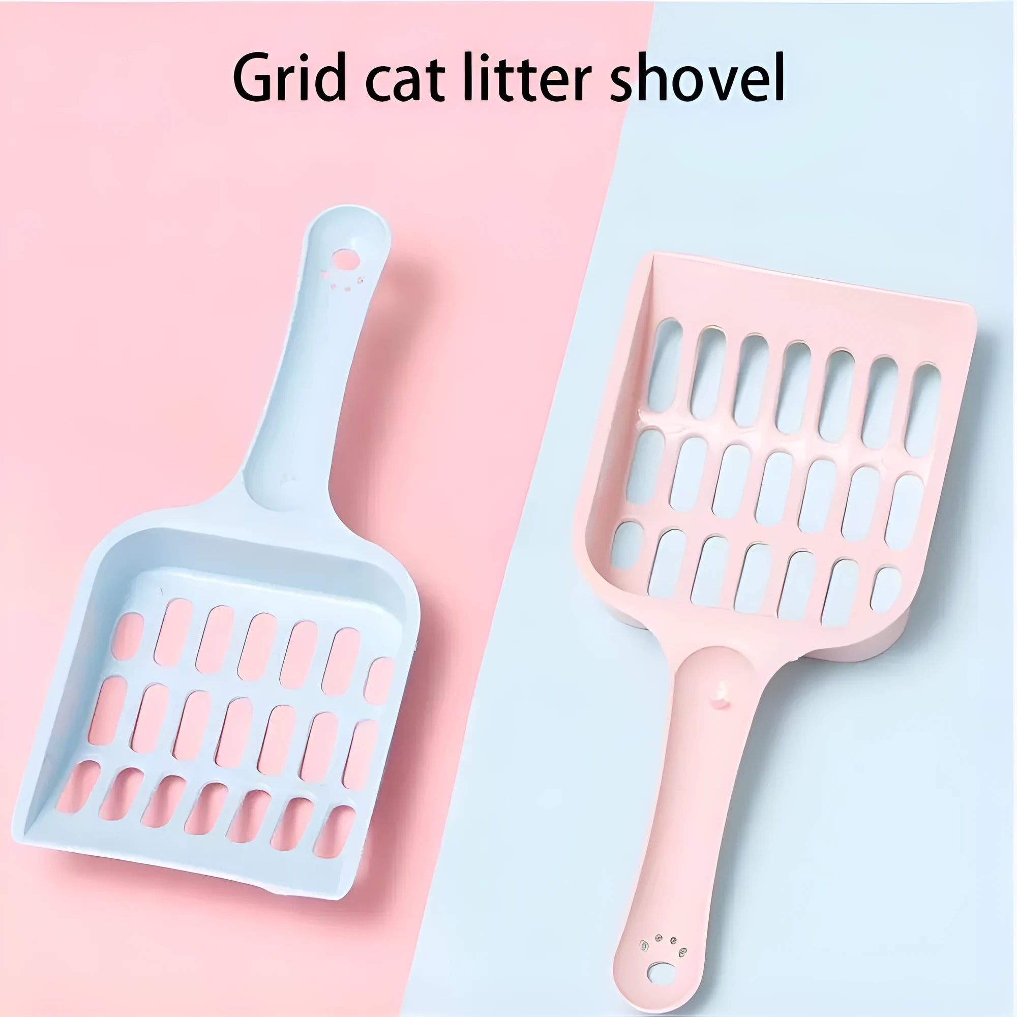 Blue plastic cat litter scoop with a long handle and perforated sifting head on a white background.