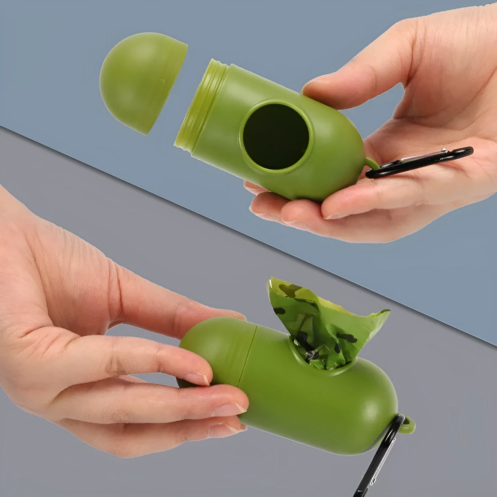 Military green degradable dog poop bags with black bone print, measuring 23 by 33 centimetres