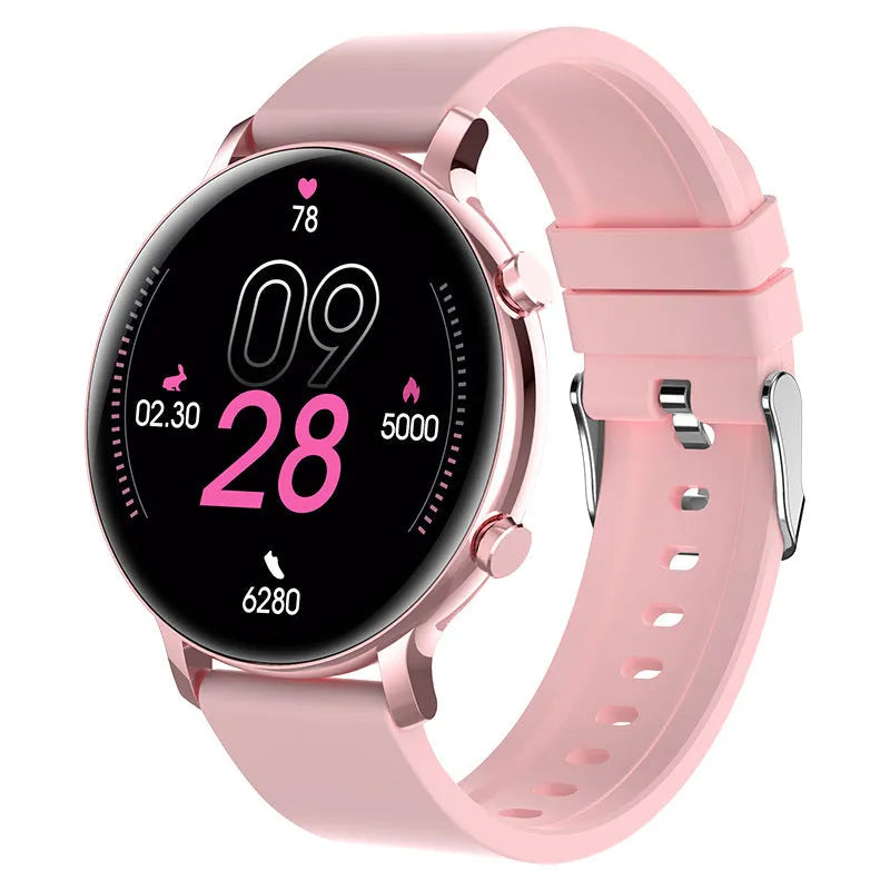 Bluetooth smartwatch with stainless steel strap showing call function and health metrics on screen.