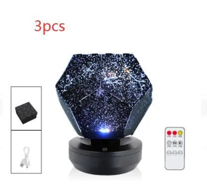 LED starry sky projector night light showing constellation projection on a bedroom ceiling.