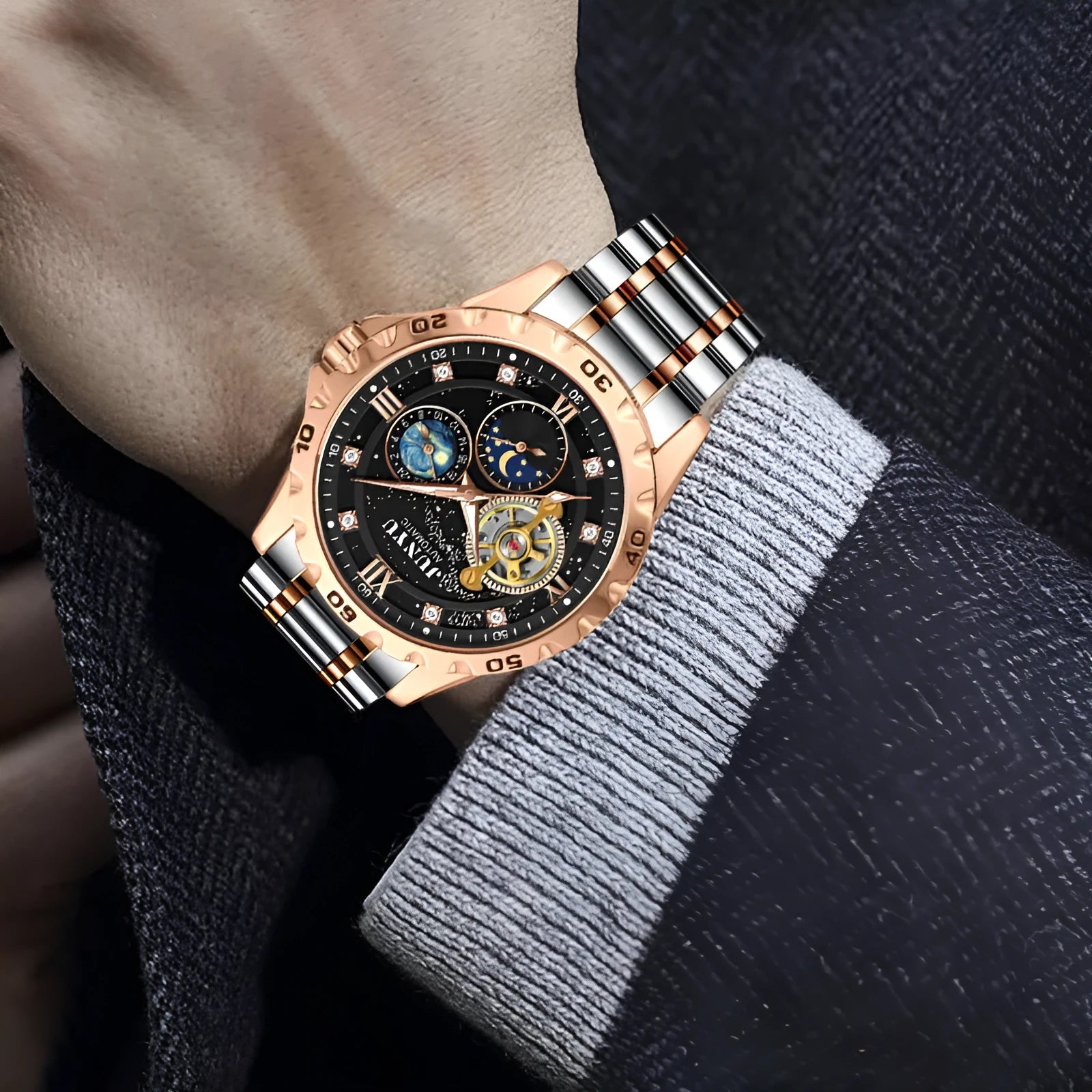 Men's automatic mechanical watch with luminous hands and waterproof construction