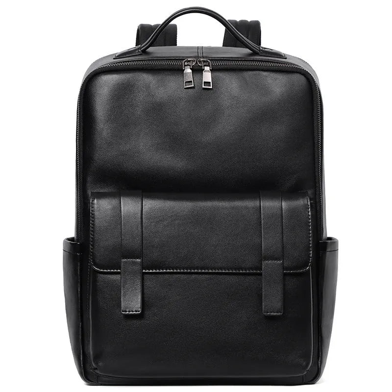 Black genuine leather men's computer backpack with a 36-55L capacity and contoured back plate.